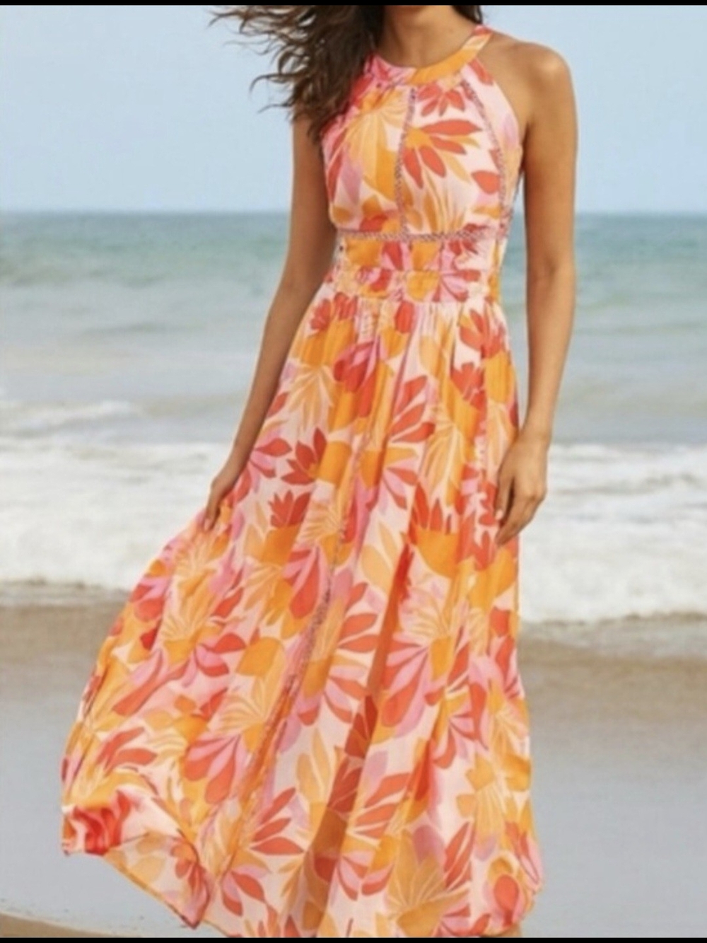Abel The Label Maxi Dress Pink Orange Floral Cut Out Open Back Boho Sundress M - Picture 3 of 15